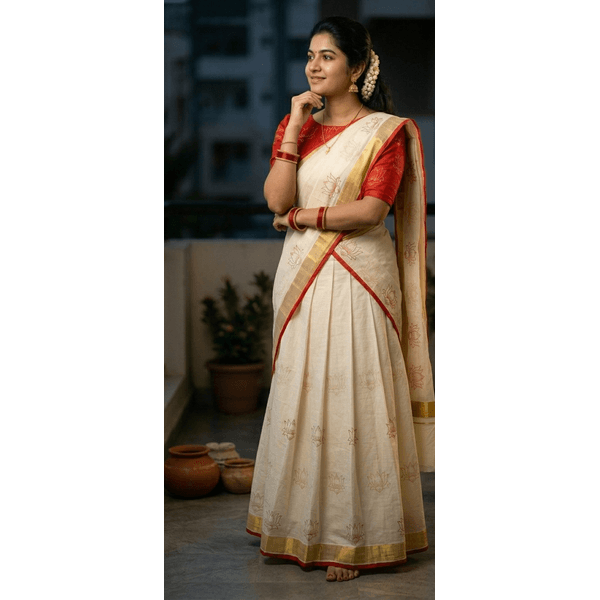 Traditional Kerala Kasavu Davani Material With Hand Block Prints - image 3