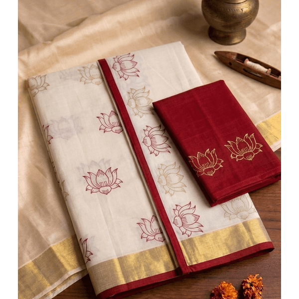 Traditional Kerala Kasavu Davani Material With Hand Block Prints - image 4