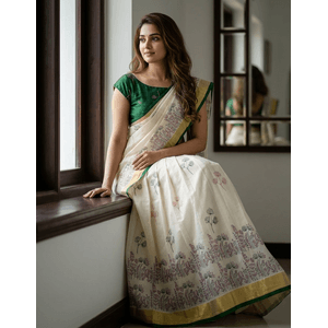 Traditional Kerala Kasavu Davani Material With Hand Block Prints