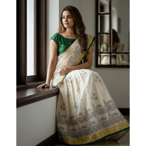 Onam Special Traditional Kerala Kasavu Davani Material With Hand Block Prints