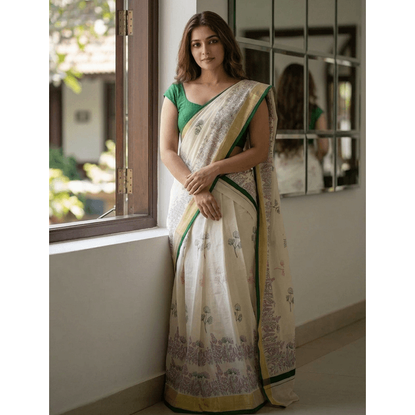 Traditional Kerala Kasavu Davani Material With Hand Block Prints thumbnail 3