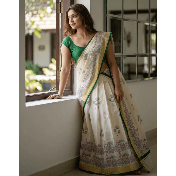 Traditional Kerala Kasavu Davani Material With Hand Block Prints - image 2