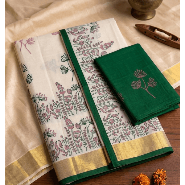 Traditional Kerala Kasavu Davani Material With Hand Block Prints - image 4