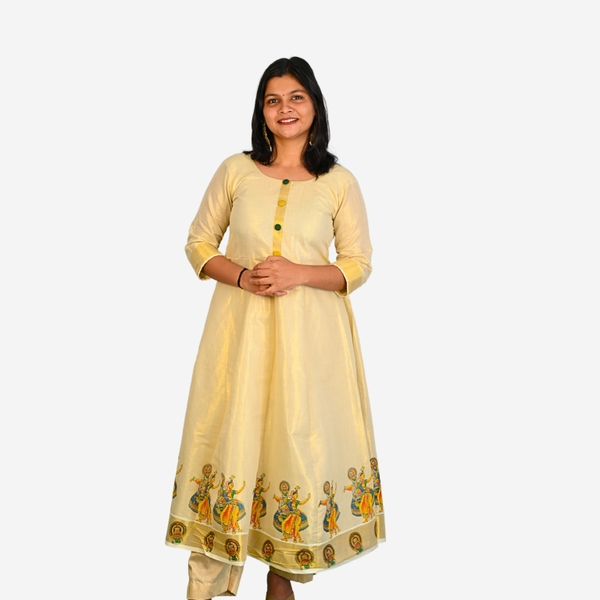 Mural Printed Kasavu Kurti - Off-White Panel Cut with Kathakali Motif - image 1