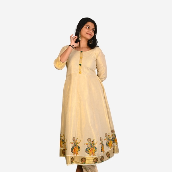 Mural Printed Kasavu Kurti - Off-White Panel Cut with Kathakali Motif thumbnail 4