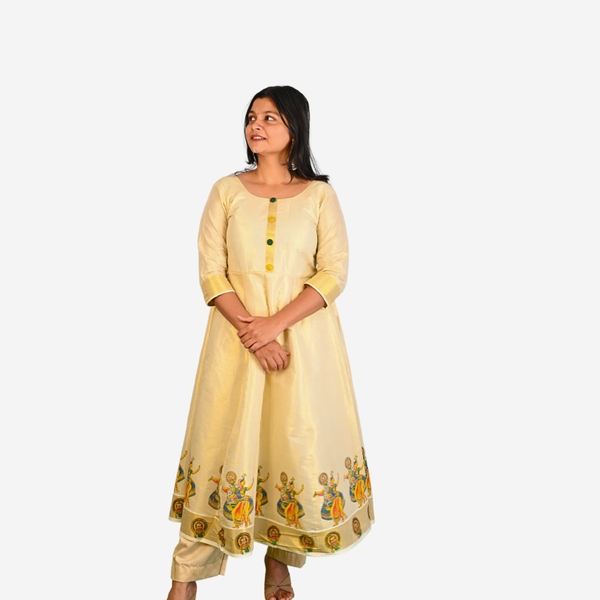 Mural Printed Kasavu Kurti - Off-White Panel Cut with Kathakali Motif - image 2