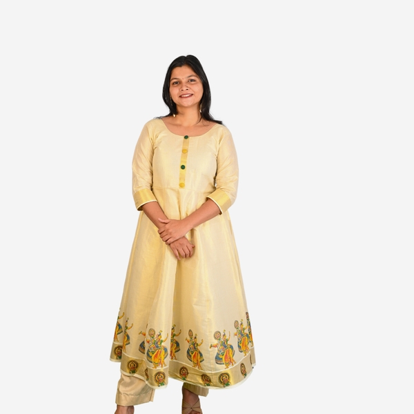 Mural Printed Kasavu Kurti - Off-White Panel Cut with Kathakali Motif - image 3