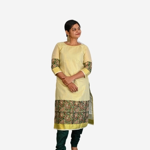 Kerala Kasavu Kurti With Traditional Hand Block Prints