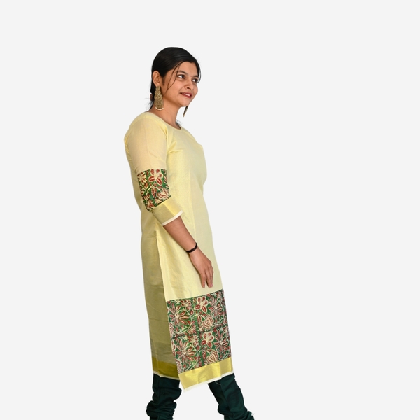 Kerala Kasavu Kurti With Traditional Hand Block Prints - image 3
