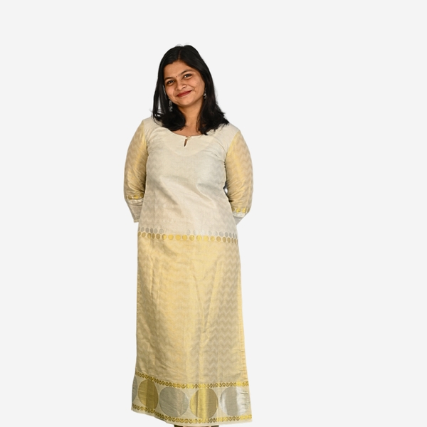 Kerala Kasavu Kurti in Tissue Cotton – Off-White with Gold & Silver Zari Elegance - image 2