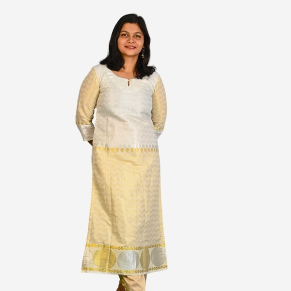 Kerala Kasavu Kurti in Tissue Cotton – Off-White with Gold & Silver Zari Elegance thumbnail 1