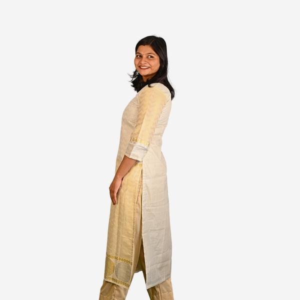 Kerala Kasavu Kurti in Tissue Cotton – Off-White with Gold & Silver Zari Elegance thumbnail 4