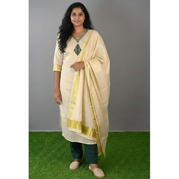  Kerala Kasavu Stitched Salwar Set - image 1