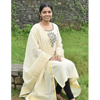  Kerala Kasavu Stitched Kurti Set