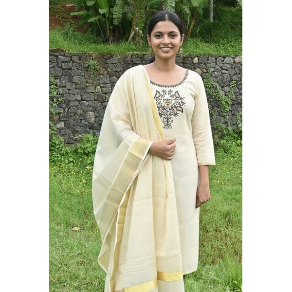  Kerala Kasavu Stitched Kurti Set - image 3