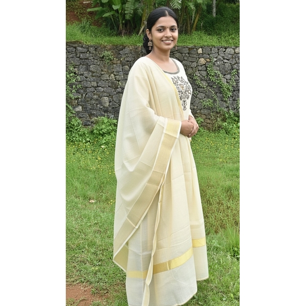  Kerala Kasavu Stitched Kurti Set - image 2