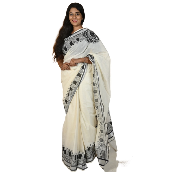 Onam Special Cotton Kerala Kasavu Saree With Hand Painted Mandala Designs thumbnail 2