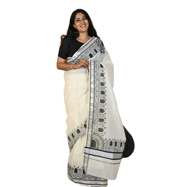Onam Special Cotton Kerala Kasavu Saree With Hand Painted Mandala Designs thumbnail 5