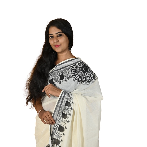Onam Special Cotton Kerala Kasavu Saree With Hand Painted Mandala Designs - image 3