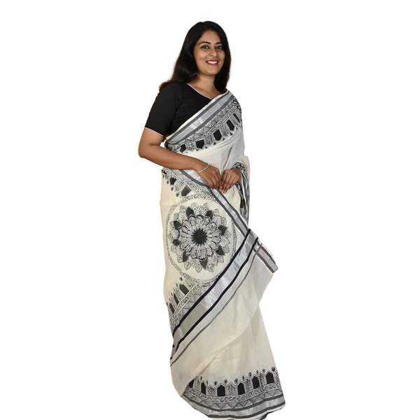 Onam Special Cotton Kerala Kasavu Saree With Hand Painted Mandala Designs thumbnail 1