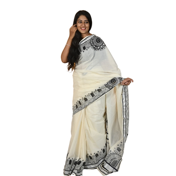 Onam Special Cotton Kerala Kasavu Saree With Hand Painted Mandala Designs thumbnail 4