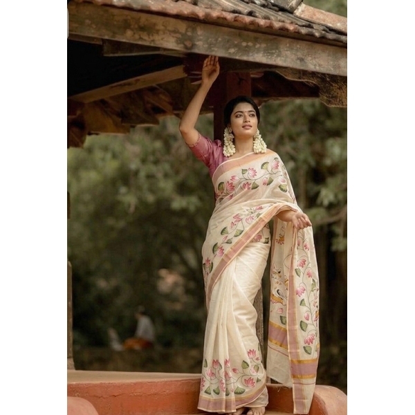 Onam Special Kerala Cotton Kasavu Pichwai Saree thumbnail 3
