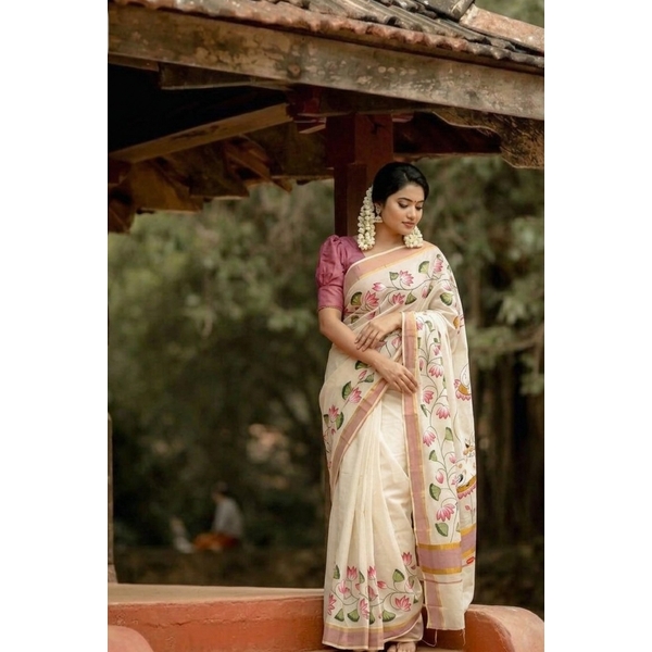 Onam Special Kerala Cotton Kasavu Pichwai Saree thumbnail 1