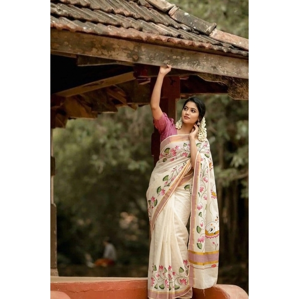 Onam Special Kerala Cotton Kasavu Pichwai Saree thumbnail 2