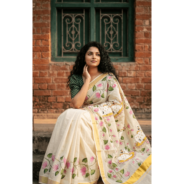 Special Kerala  Kasavu HandPainted Pichwai Saree