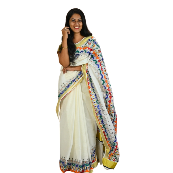 Onam Special Kerala Kasavu Madhubani Cotton Saree thumbnail 3