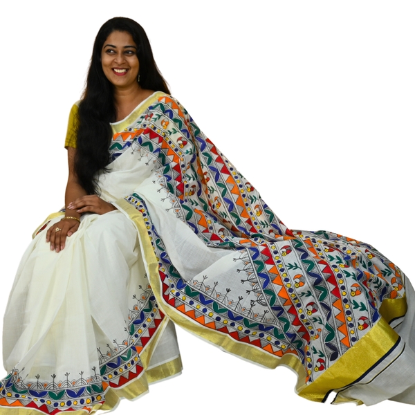 Onam Special Kerala Kasavu Madhubani Cotton Saree thumbnail 4