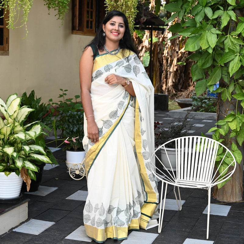 Hand Block Printed Kerala Kasavu Saree
