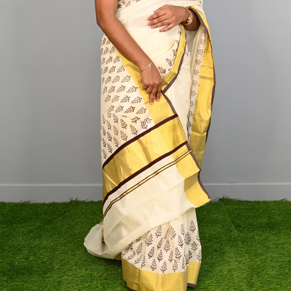 Kerala Kasavu Saree With Bagh  Prints - image 3
