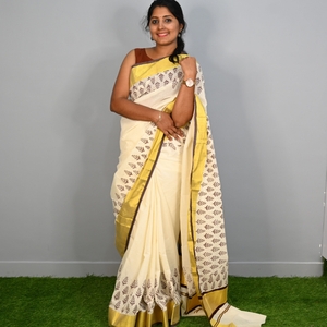 Kerala Kasavu Saree With Bagh  Prints