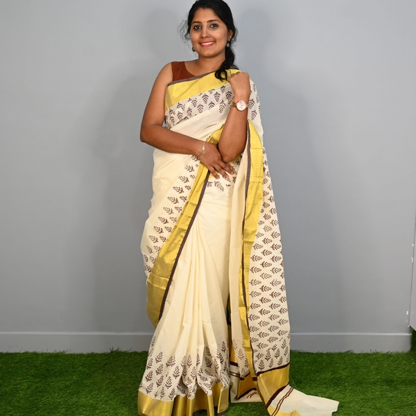 Kerala Kasavu Saree With Bagh  Prints - image 1