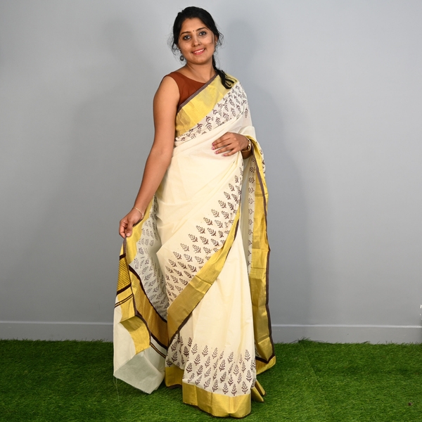 Kerala Kasavu Saree With Bagh  Prints thumbnail 2
