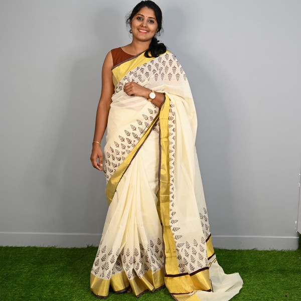 Kerala Kasavu Saree With Bagh  Prints thumbnail 4