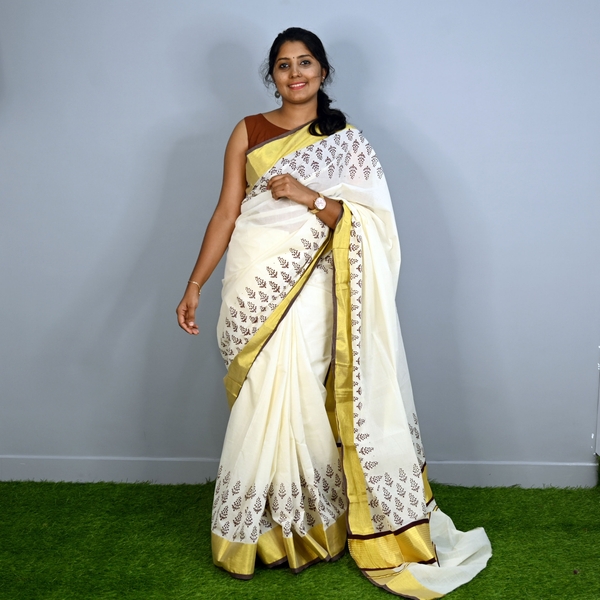 Kerala Kasavu Saree With Bagh  Prints - image 5