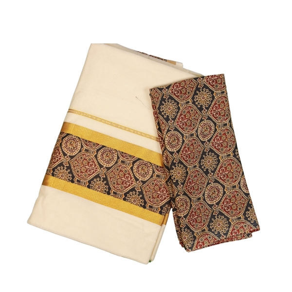 Ajrakh Appliqued Kerala Cotton Saree thumbnail 1
