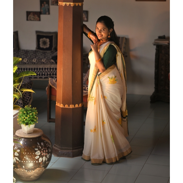 Hand-Painted Kerala Kasavu Saree with Green Border