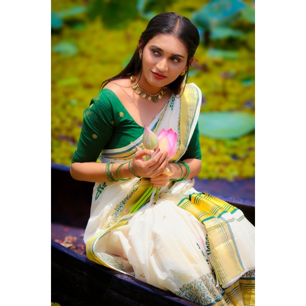Hand Block Printed Kasavu Saree with Green And Gold Accents