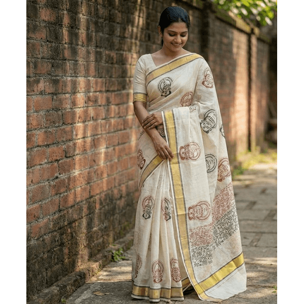 Onam Special Kerala Kasavu Saree With Kathakali Canvas thumbnail 2