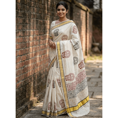 Kerala Kasavu Saree With Kathakali Canvas