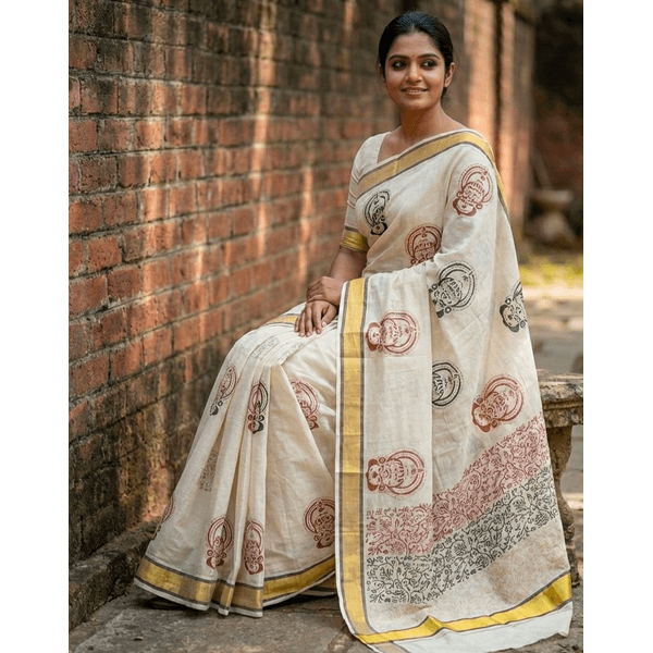 Onam Special Kerala Kasavu Saree With Kathakali Canvas - image 3