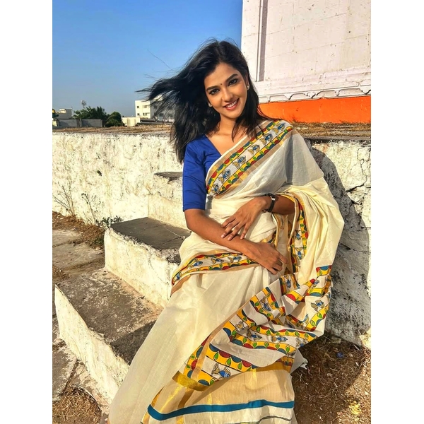 Retta Pattu Border Kasavu Saree With Hand Painted Madhubani Art