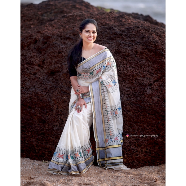 Hand Painted Madhubani Kasavu Saree With Black Border