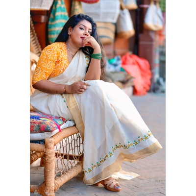 Cotton Kasavu Saree with Yellow Daisy Embroidery