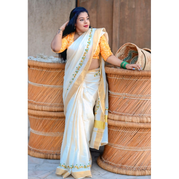 Cotton Kasavu Saree with Yellow Daisy Embroidery - image 5