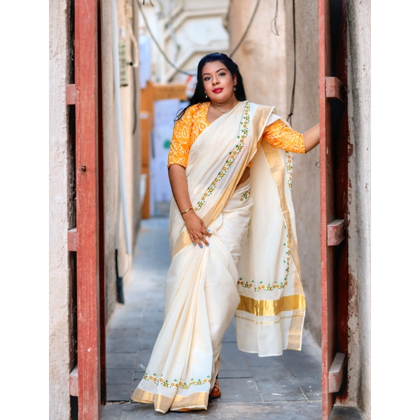 Cotton Kasavu Saree with Yellow Daisy Embroidery