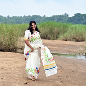 Hand Painted Kerala Kasavu Saree